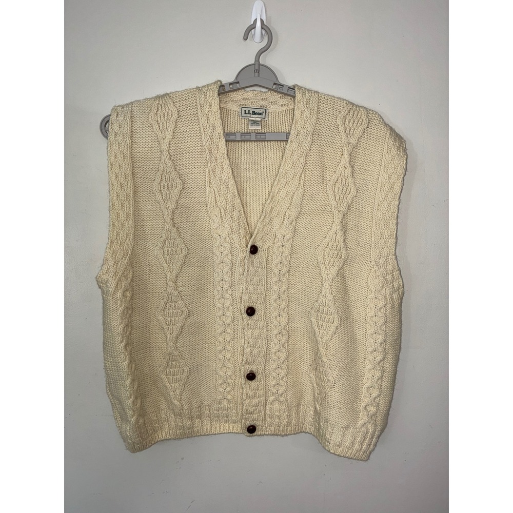 L.L. Bean Cardigan Vest Mens XL Cream Cable Knit Wool Ireland Vintage